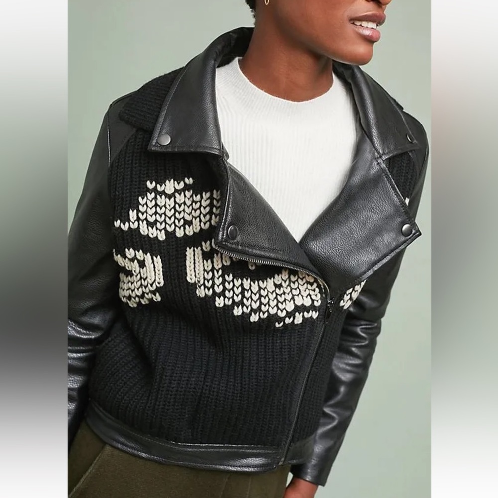 Ett:twa by Anthropologie black & white sweater moto leather jacket M